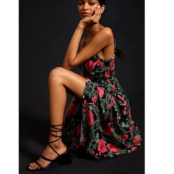 NEW Anthropologie Maeve Ruched Midi Dress Pink Black Floral V-Neck Sleeveless - Picture 4 of 4